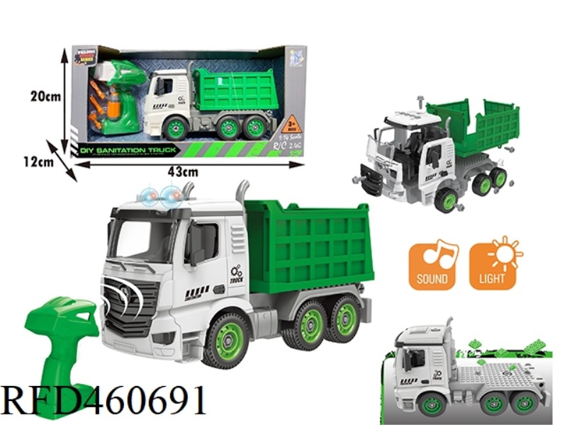 DIY GREEN DUMP TRUCK WITH REMOTE CONTROL HANDLE 2.4G WITH LIGHT AND MUSIC