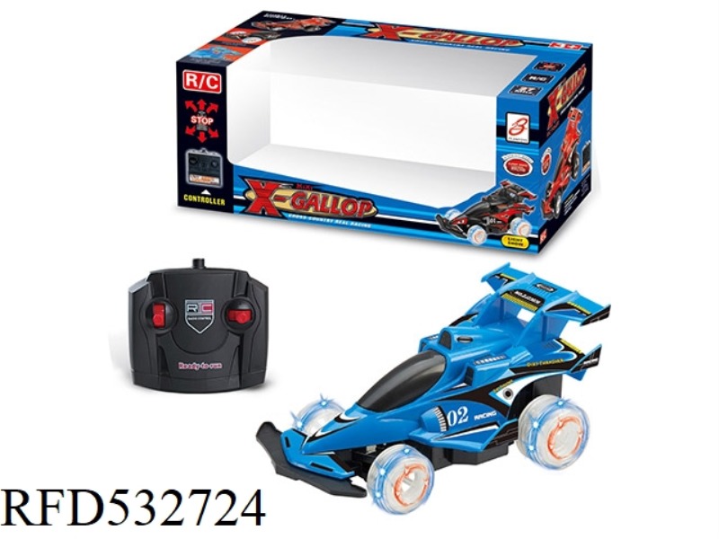 FOUR-WAY REMOTE CONTROL CAR WITH LIGHTS (3 COLORS) DOES NOT INCLUDE ELECTRICITY.