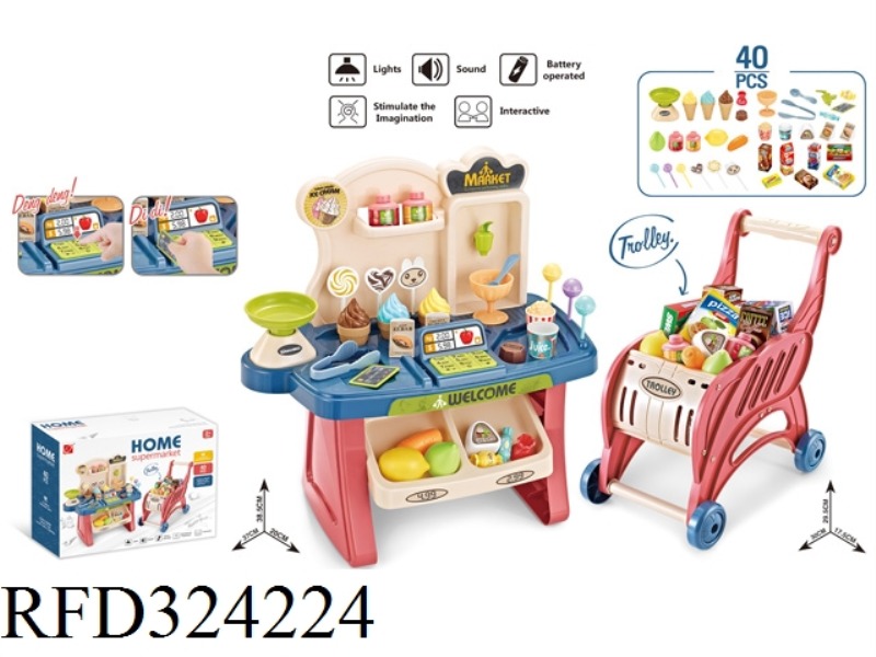 SUPERMARKET TABLE + SHOPPING CART WITH LIGHT MUSIC 40 PCS