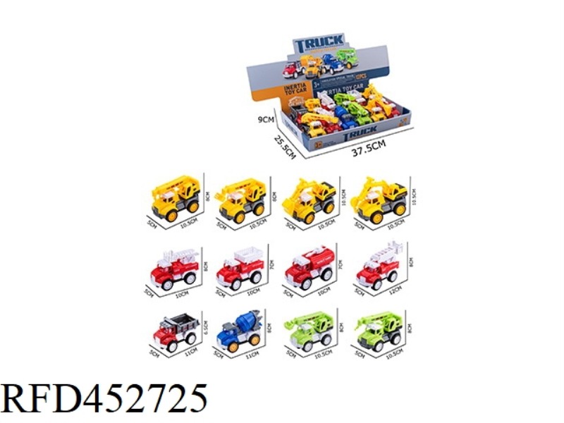 ABS CARTOON SIMULATION INERTIAL CAR / URBAN ENGINEERING FIRE SERIES MULTI-COLOR MIXED (12 PIECES)