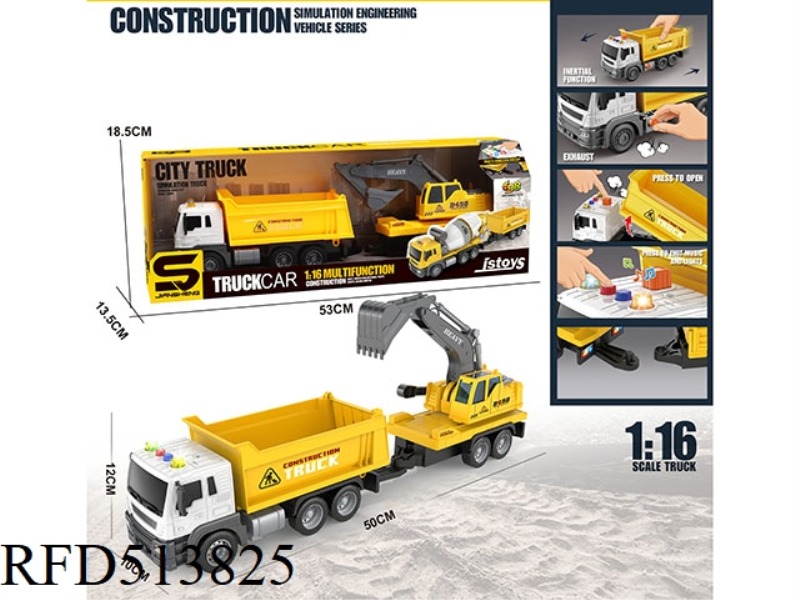 1:16 INERTIA DUMP TRUCK TOWING EXCAVATOR (WITH LIGHTS AND MUSIC)
