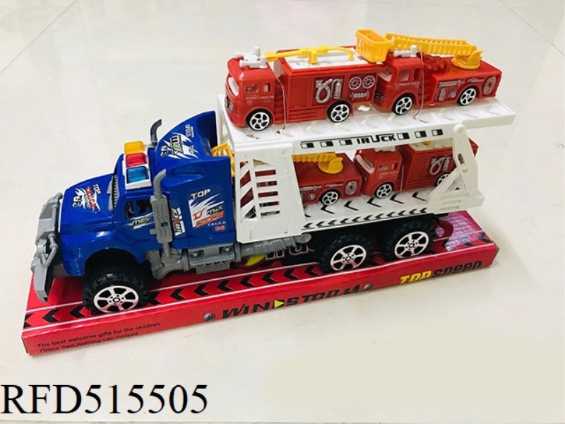 INERTIA TRACTOR TOWS FOUR FIRE ENGINES (DOUBLE DECK)