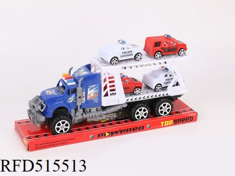 INERTIA TRACTOR TOWS FOUR SWEAT HORSE POLICE CARS (DOUBLE DECK)