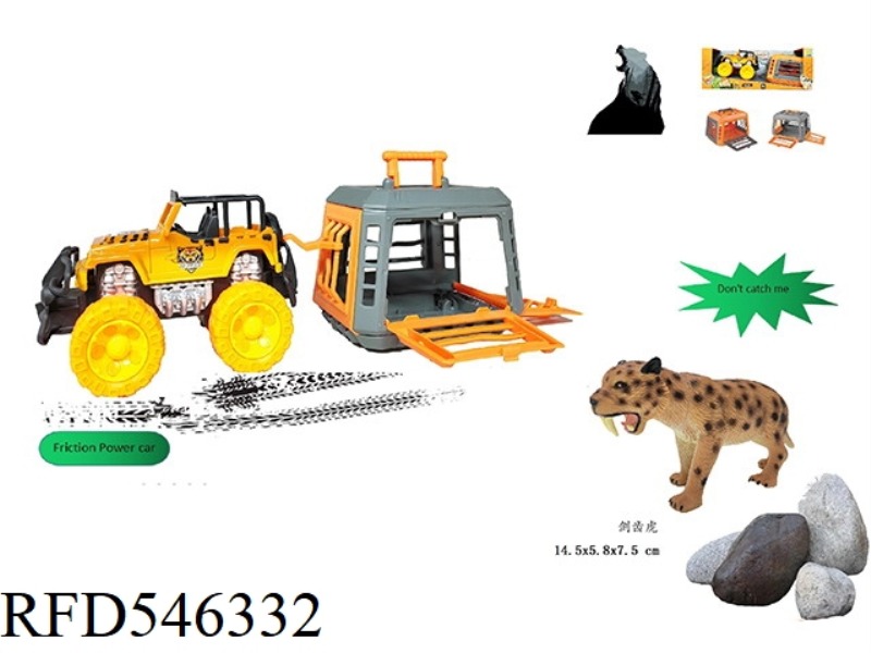 FOREST HUNTER IN THE JEEP INERTIA CAR, WITH SABER-TOOTHED TIGER, CAGE BODY 2 COLORS MIXED