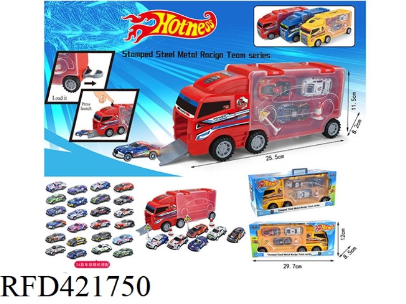 THREE-COLOR EJECTION TRANSPORTER (WITH 6 TYPES OF 6CM PULL BACK METAL RACING CARS/4 PIECES OF ROAD S