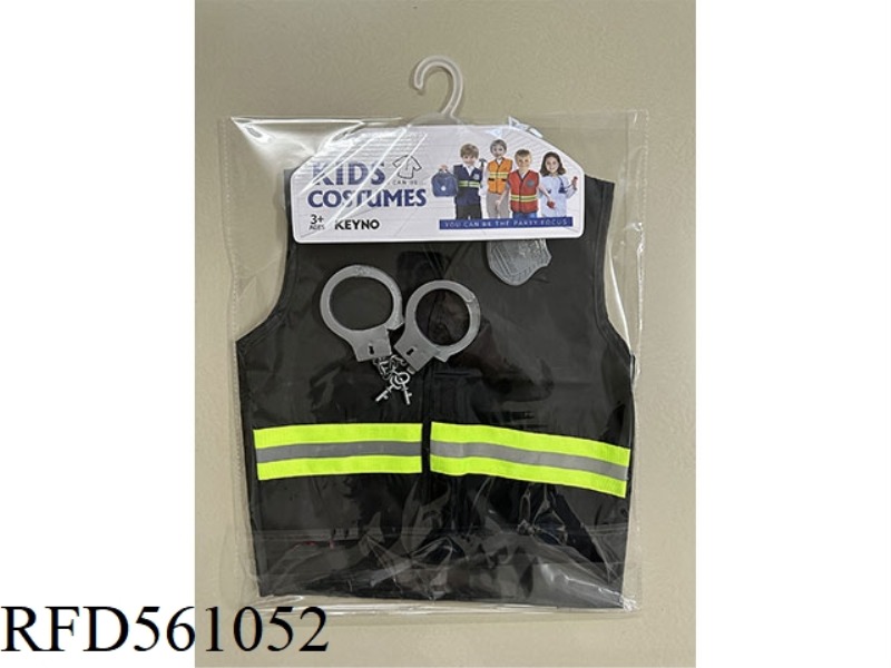 KN592 BLACK POLICE VEST WITH BADGE AND HANDCUFFS