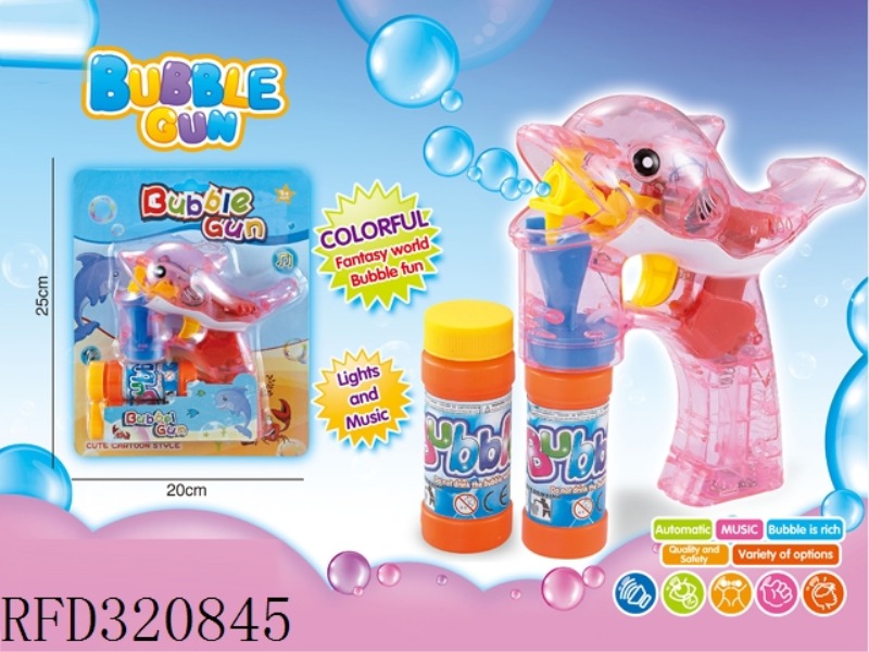B/O BUBBLE GUN WITH MUSIC AND LIGHT, IT CONTAINS 2PCS 50ML TRANSPARENT BOTTLES OF BUBBLE WATER
