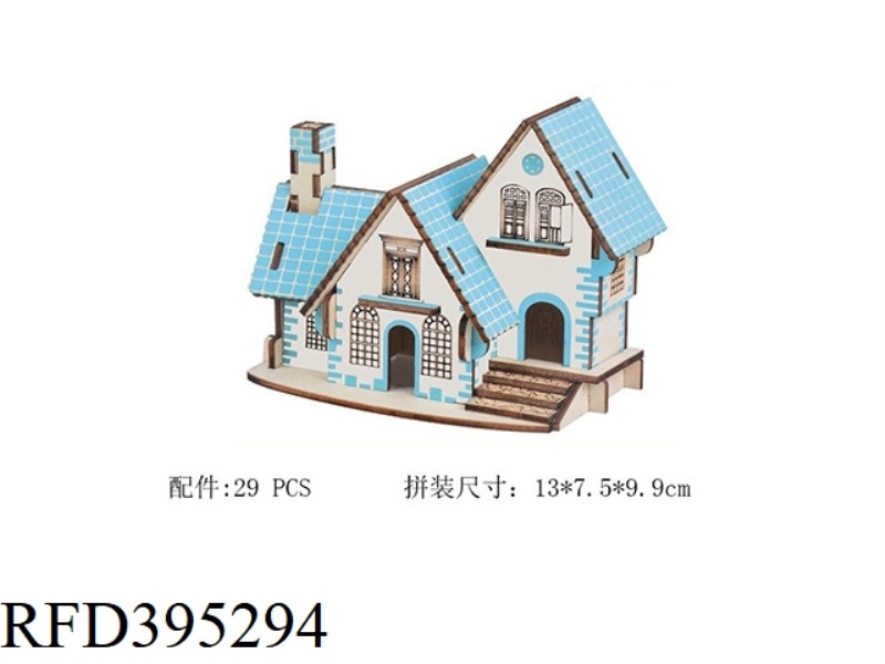 WOODEN 3D STEREO DIY ASSEMBLED HOUSE BUILDING PINK BLUE DREAM HOUSE