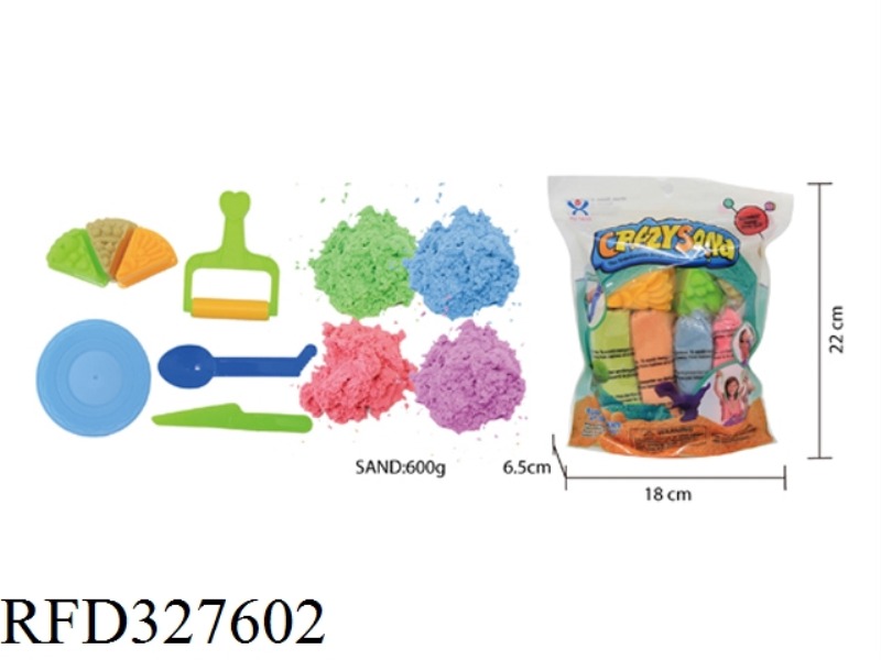 600G COTTON STRETCHING SAND + 3 RANDOM TOOLS + 3 RANDOM CAKES + 1 CUTLERY PLATE (4 COLORED SAND)