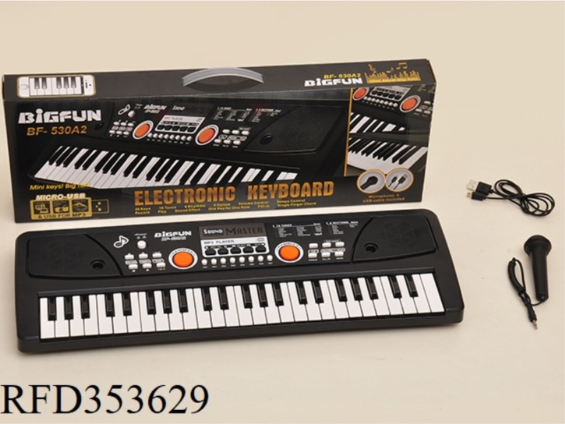 49 KEYBOARD COMES WITH A MICROPHONE, USB POWER CORD AND A USB FLASH DRIVE TO PLAY MUSIC