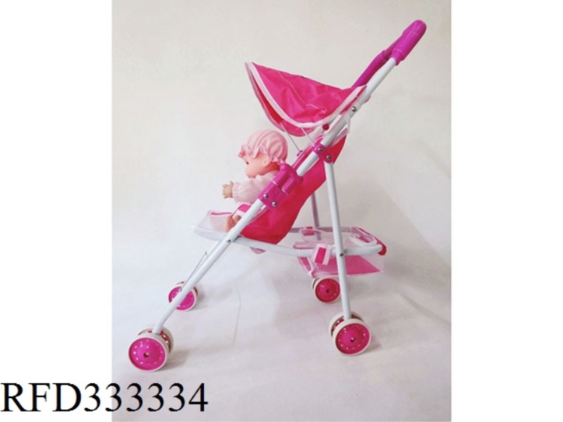 PRINTED ROSE RED IRON TOY STROLLER WITH BABY