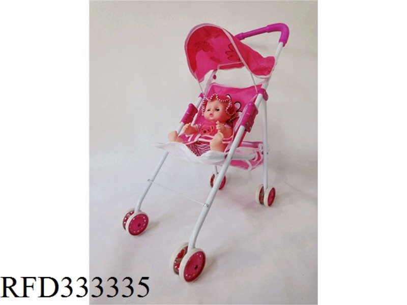 PRINTED ROSE RED IRON TOY STROLLER WITH BABY
