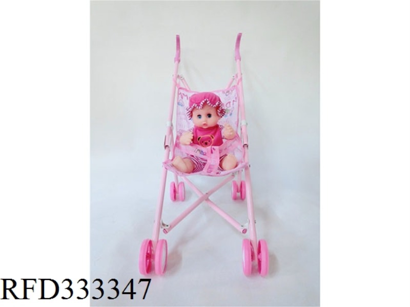 PINK IRON TOY STROLLER (WITH DOLL)