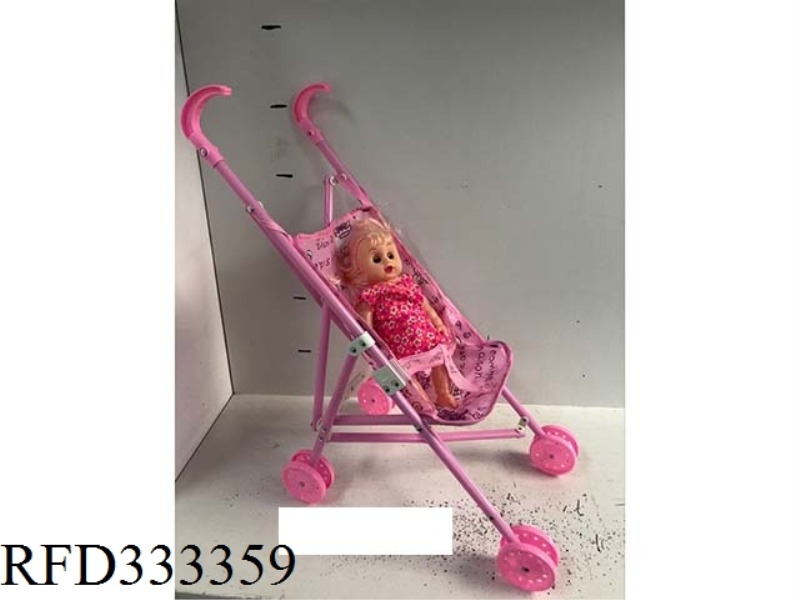 PINK PLASTIC CART WITH DOLL