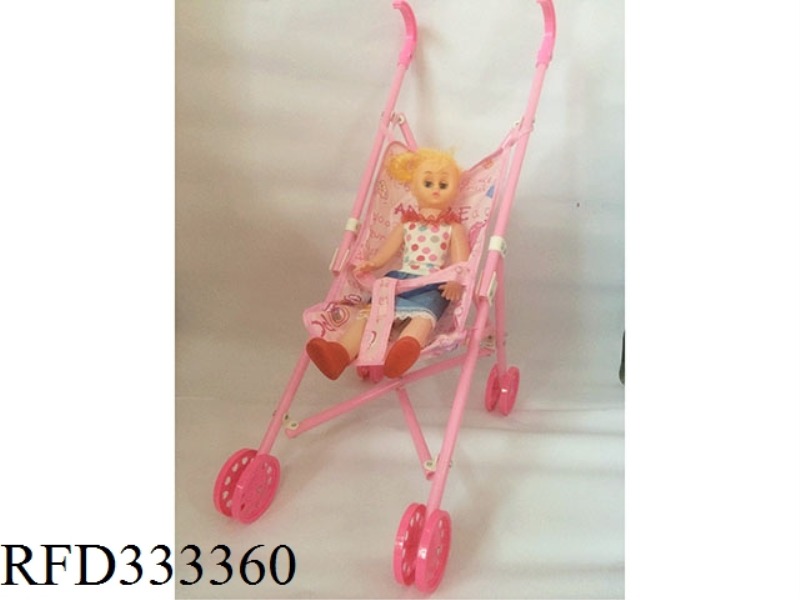 PINK PLASTIC TOY CART (WITH DOLL)