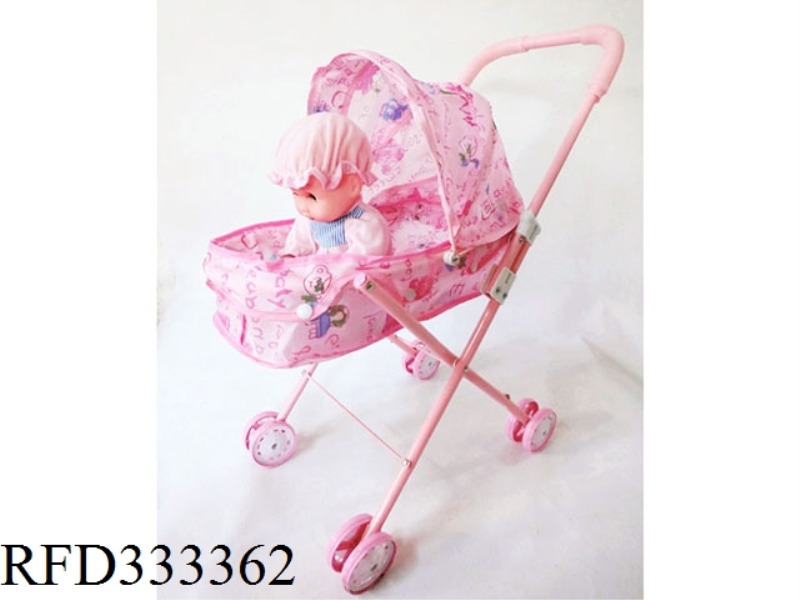 PINK IRON TOY STROLLER WITH BABY