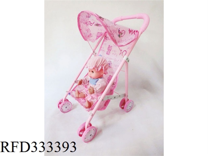 PINK IRON TOY STROLLER WITH BABY