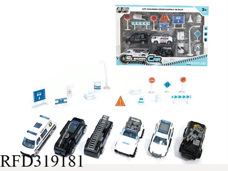 4 GIFT BOXES 1:64 ALLOY SPECIAL POLICE TAXI + ROAD SIGN (6 MIXED)