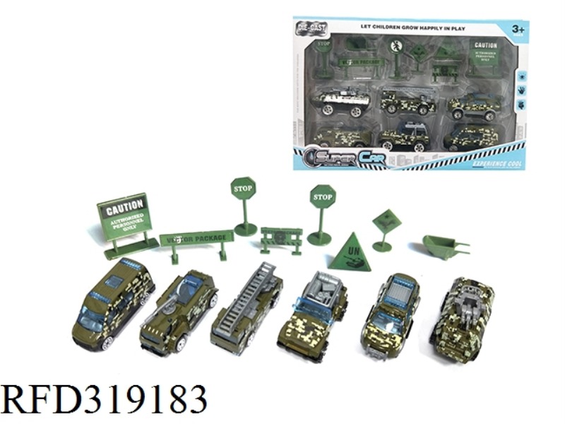 1:64 ALLOY MILITARY TAXI + ROAD SIGN (6 MIXED)