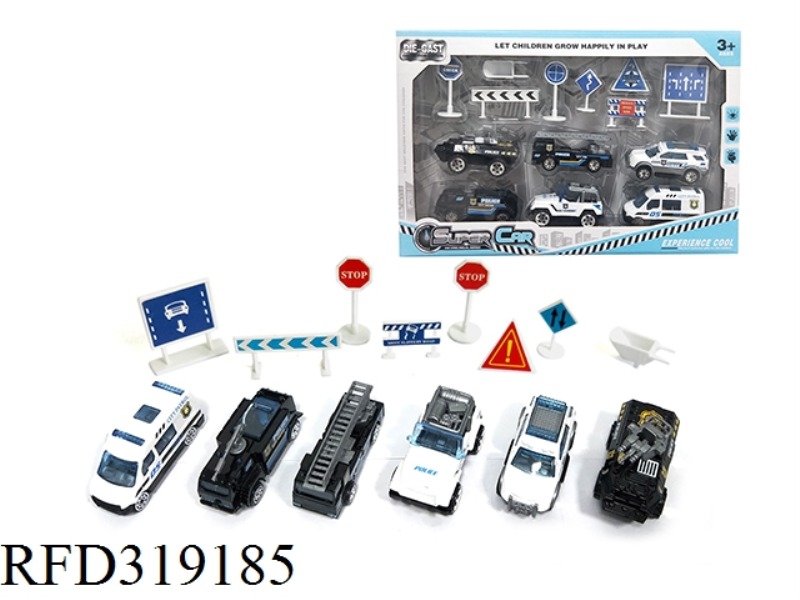 1:64 ALLOY SPECIAL POLICE TAXI + ROAD SIGN (6 MIXED)