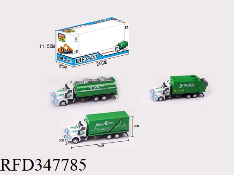 1:48 PULL BACK + SOUND AND LIGHT ALLOY SANITATION VEHICLE THREE MIXED LONG FRONT