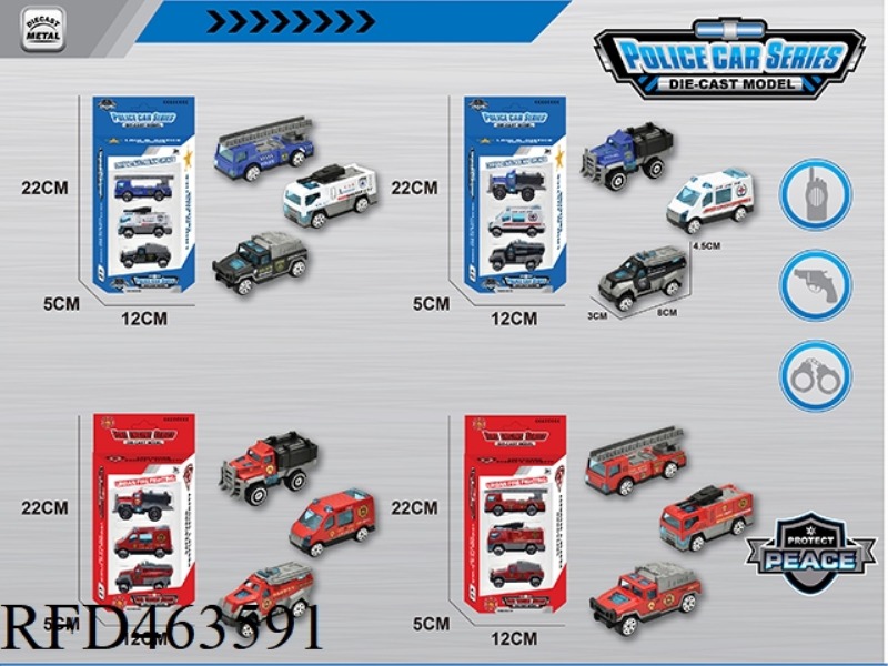 1:64 ALLOY POLICE CAR FIRE TRUCK THREE PACK