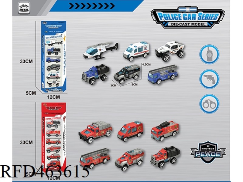 1:64 ALLOY POLICE CAR FIRE TRUCK SIX PACK