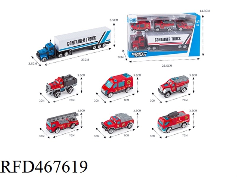 ALLOY TRACTOR CONTAINER TRUCK +3 ALLOY FIRE TRUCKS