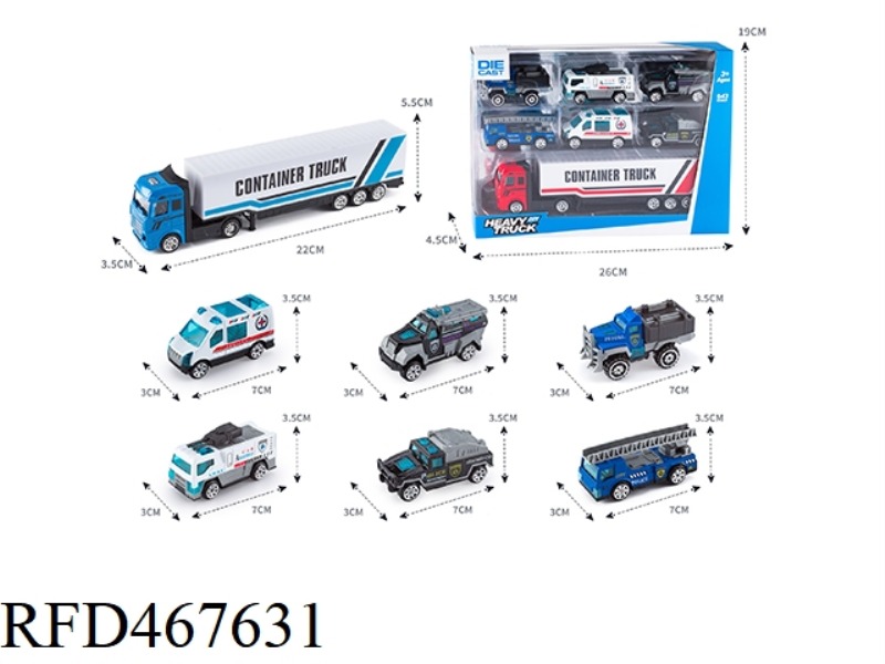 ALLOY TRACTOR CONTAINER CAR +6 ALLOY POLICE CARS
