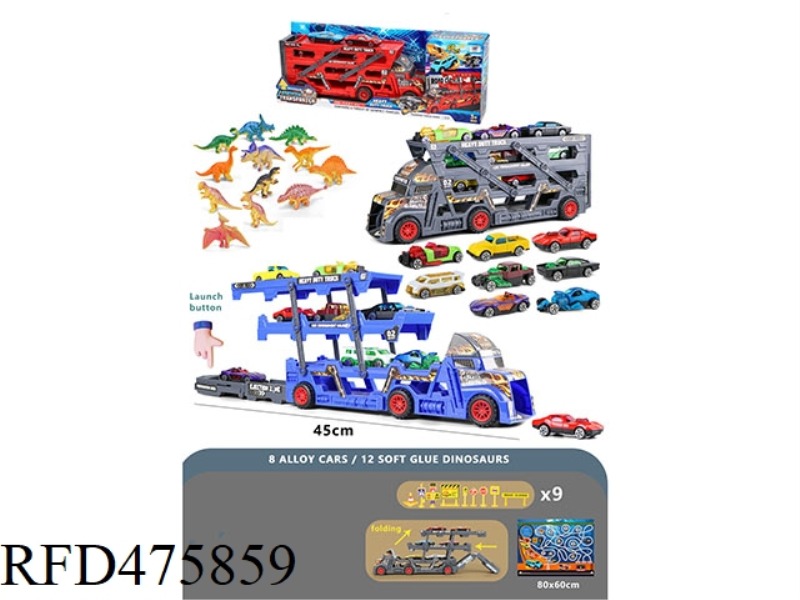 FOLDING EJECTION CONTAINER TRUCK WITH GOLD TROLLEY 8 DINOSAURS 12 MAPS 1 ROAD SIGN 9 PIECES