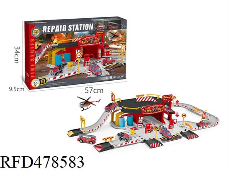 ALLOY FIRE PARKING GARAGE REPAIR SHOP SET (WITH 2 ALLOY CARS)