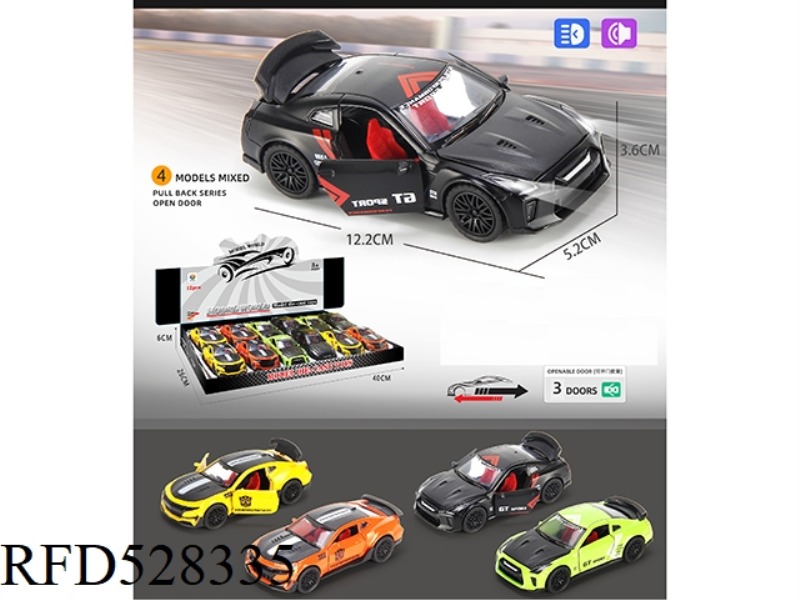 1:32 SIMULATION SPORTS CAR OPEN THREE-DOOR BOOMERANG ALLOY CAR WITH LIGHTS AND MUSIC 12PCS
