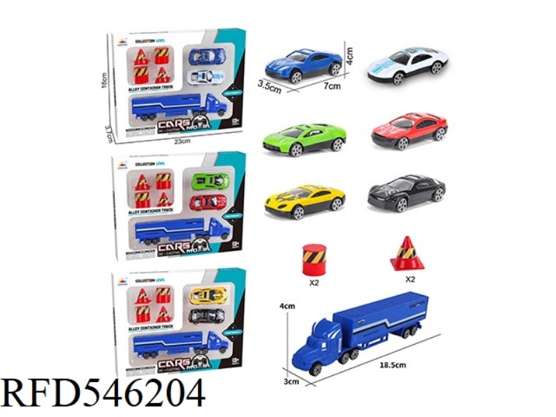 ALLOY SPORTS CAR PACKAGE 2 SMALL CAR + SMALL CONTAINER CAR +5 ROADBLOCK