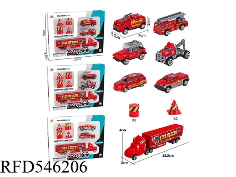 ALLOY FIRE TRUCK SET 2 CARS + SMALL CONTAINER TRUCK +4 BARRICADES