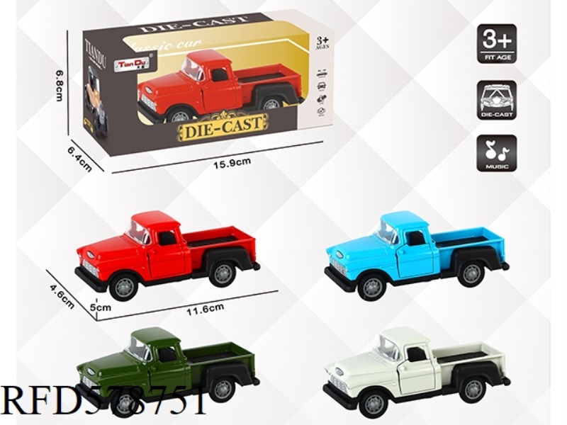 1:32 SIMULATION BOILBACK METAL CAR TWO-DOOR CLASSIC CLASSIC CAR PICKUP WITH LIGHTS AND MUSIC