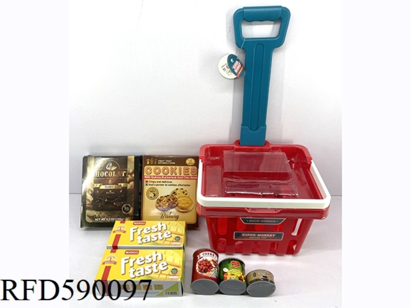 SHOPPING CART, HANDLE RETRACTABLE, WITH 4 LARGE COLOR BOXES, 3 CANS