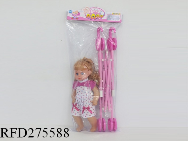 16 INCH AIRMINE LIVE EYE GIRL WITH PLASTIC STROLLER WITH IC