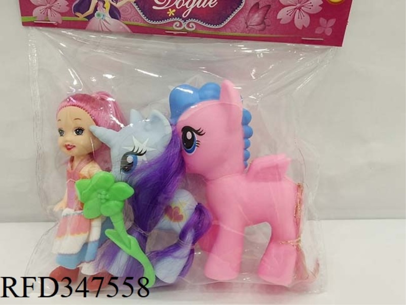3.5 INCH BARBIE DOLL WITH 2 POLY HORSES AND COMB