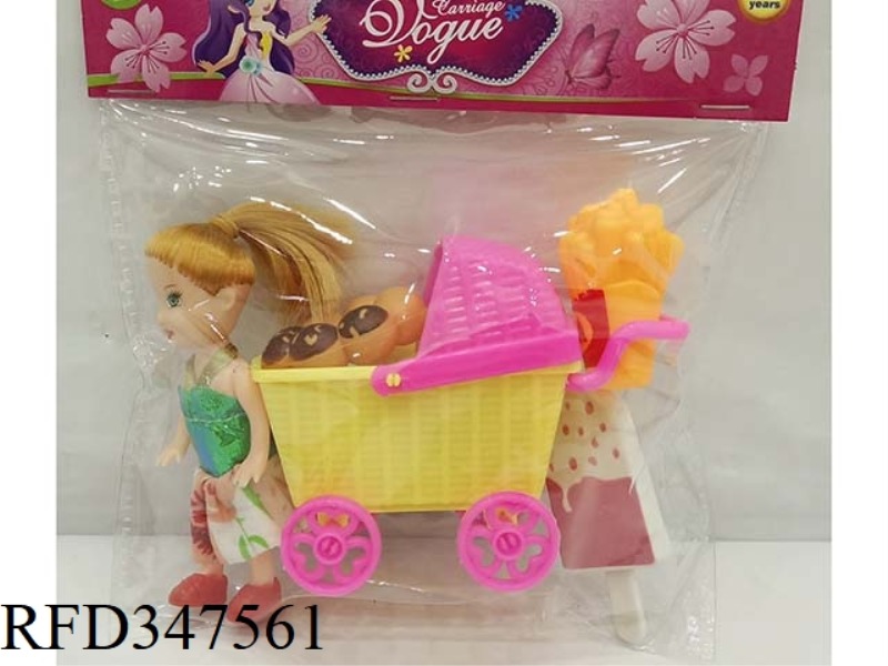 3.5 INCH BARBIE DOLL WITH SHOPPING CART, FRENCH FRIES, POPCORN, COKE, ICE CREAM, DONUTS