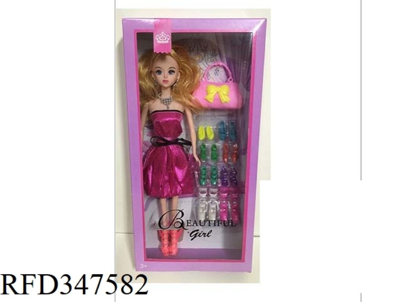 11.5 INCH SOLID BARBIE DOLL (EARRINGS + NECKLACE + BUTTERFLY SHOES + JEWELRY SHOES + HANDBAG)