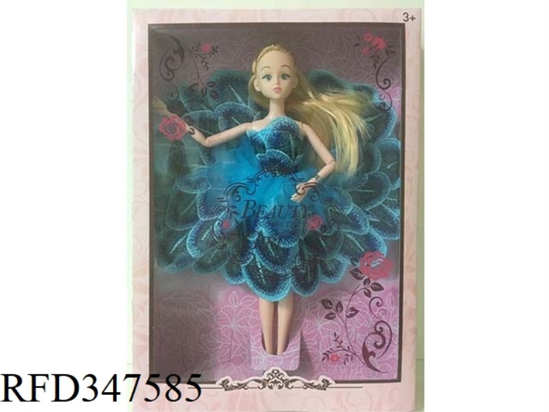 11 INCH ARTICULATED FASHION BARBIE (PEACOCK BLUE DRESS, HAND STRAP, CRYSTAL SHOES)