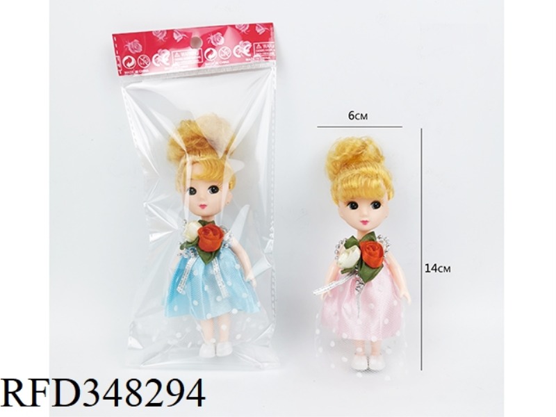 FOUR-INCH SOLID DOTTED DRESS WITH BANGS HAIRSTYLE JENNY DOLL PLUS CORSAGE