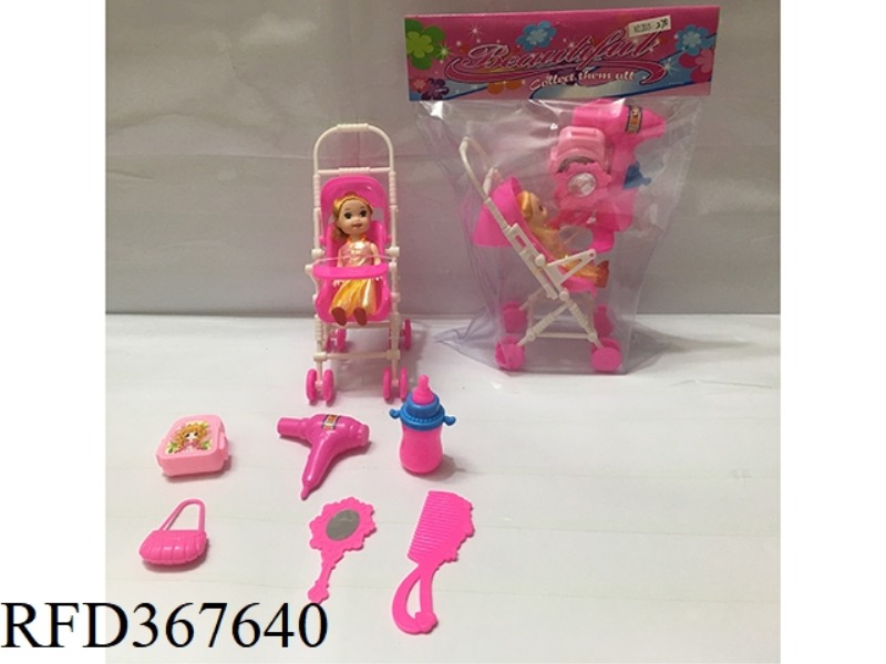 3 INCH SMALL BARBIE WITH CART + 6-PIECE SET