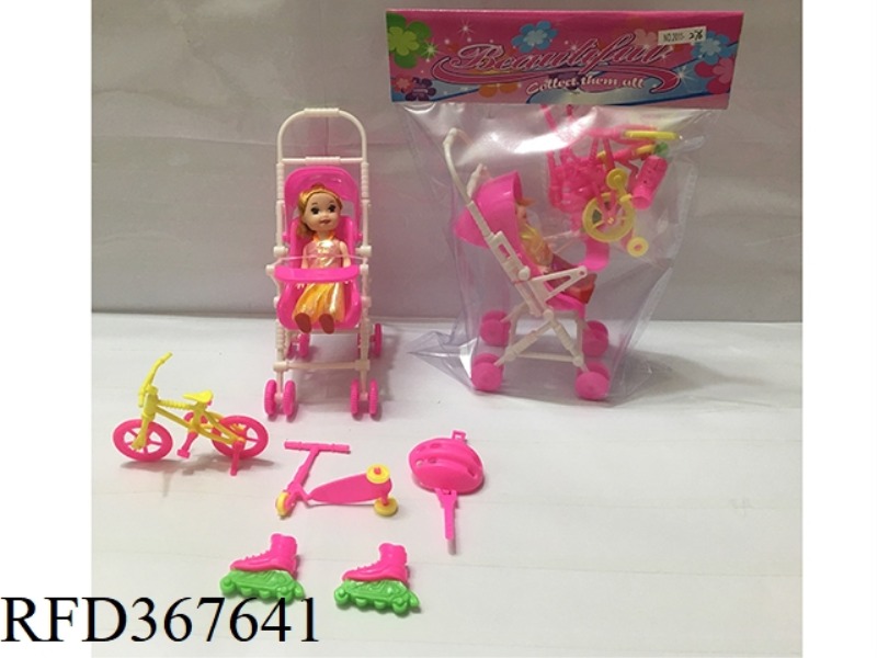 3 INCH SMALL BARBIE WITH CART + 5 PIECE SET