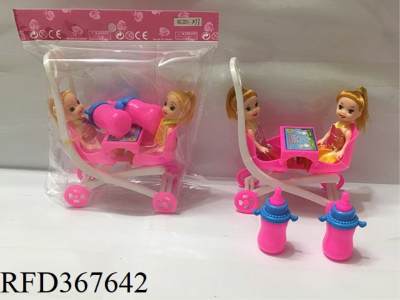 3 INCH SMALL BARBIE WITH DOUBLE STROLLER + BOTTLE
