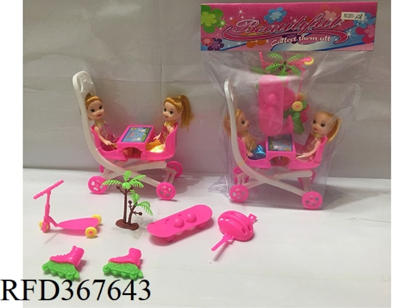 3 INCH SMALL BARBIE WITH DOUBLE STROLLER + 6 PIECE SET