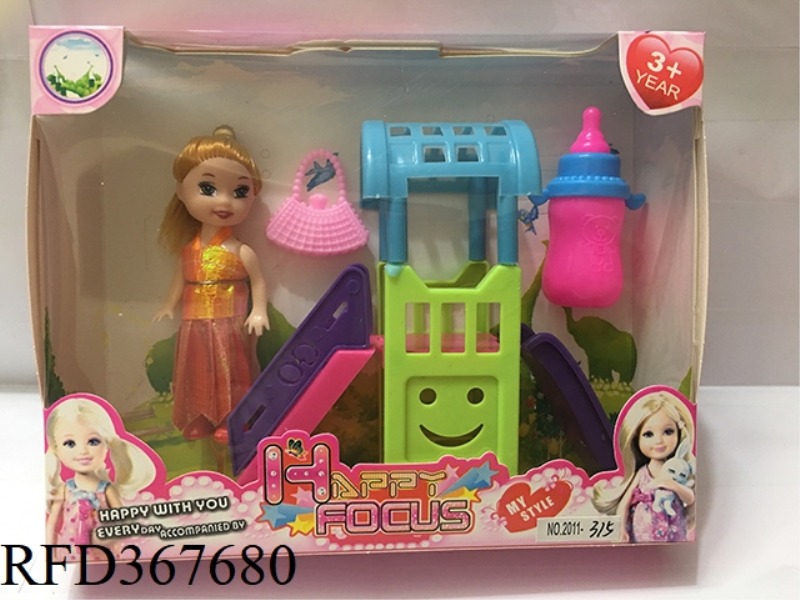 3 INCH SMALL BARBIE WITH SLIDE + 2 PIECE SET