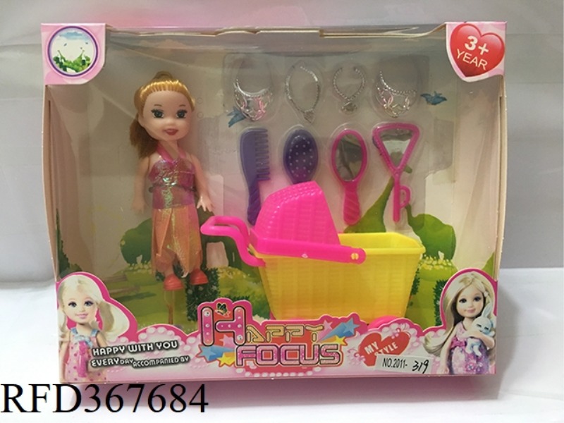3 INCH SMALL BARBIE WITH SHOPPING CART + 8 PIECE SET