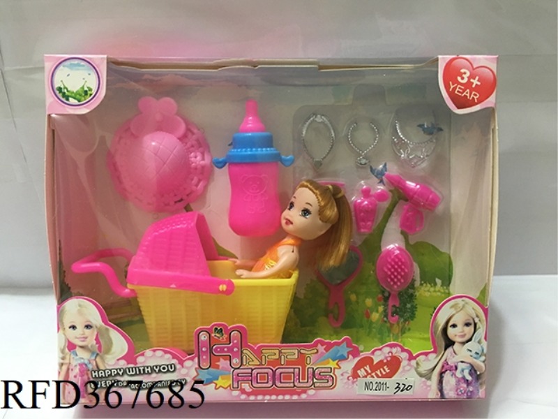 3 INCH SMALL BARBIE WITH SHOPPING CART + 10 PIECE SET