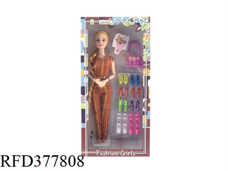 11.5-INCH 9-JOINT SOLID BODY LONG BRAID FASHION BARBIE WITH BLISTER SHOE ACCESSORIES, HANDBAG